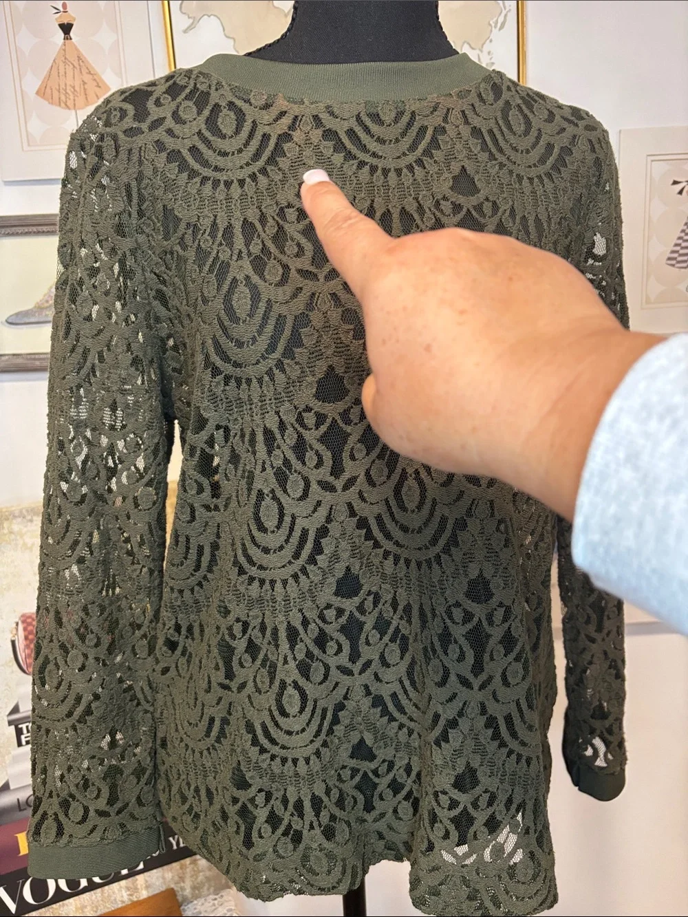 Banana Republic Olive Green Crochet Lace Long Sleeve Top